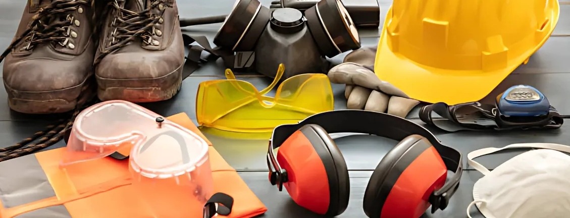 Industrial personal protective equipment laid out — safety boots, hard hat, goggles, ear defenders